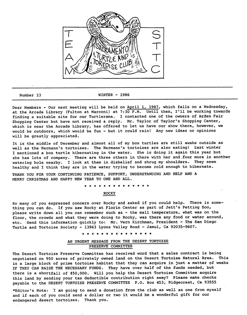 A scan of the front page of the newsletter from Winter 1986