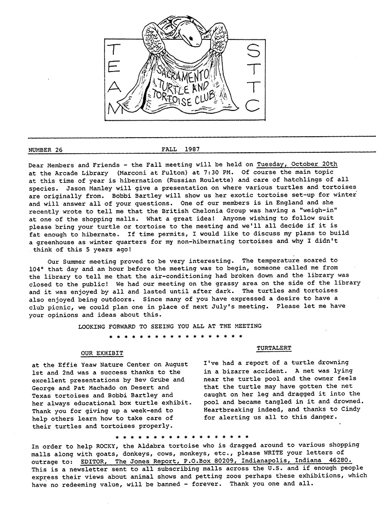 A scan of the front page of the newsletter from Fall 1987