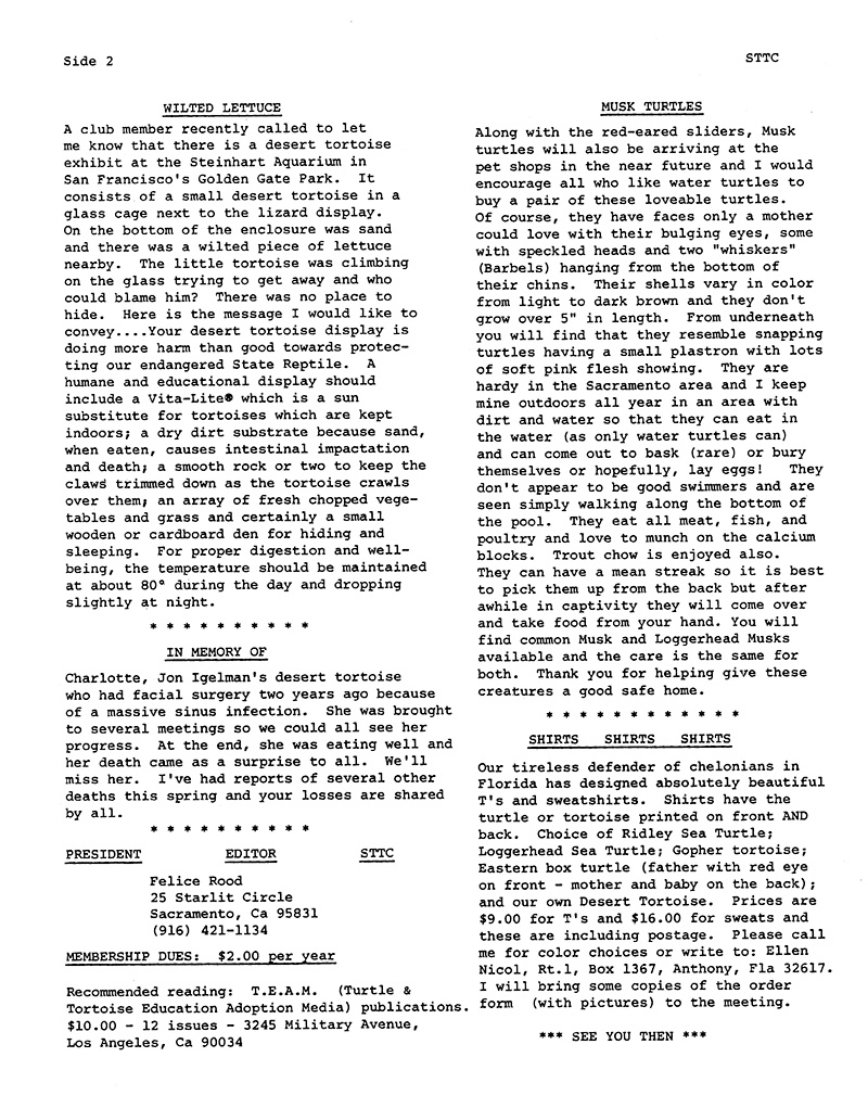 A scan of the back page of the newsletter from Spring 1987